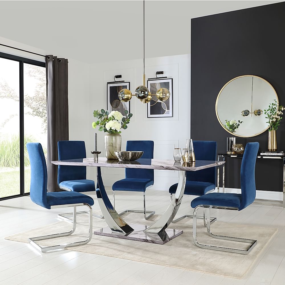 Peake Dining Table & 6 Perth Chairs, Grey Marble Effect & Chrome, Blue Classic Velvet, 160cm