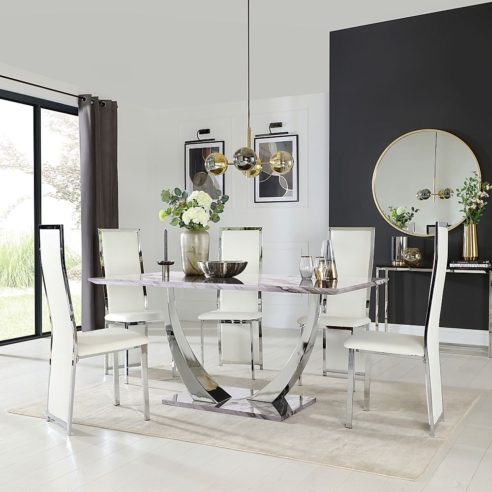 Peake Dining Table & 6 Celeste Chairs, Grey Marble Effect & Chrome, White Classic Faux Leather, 160cm