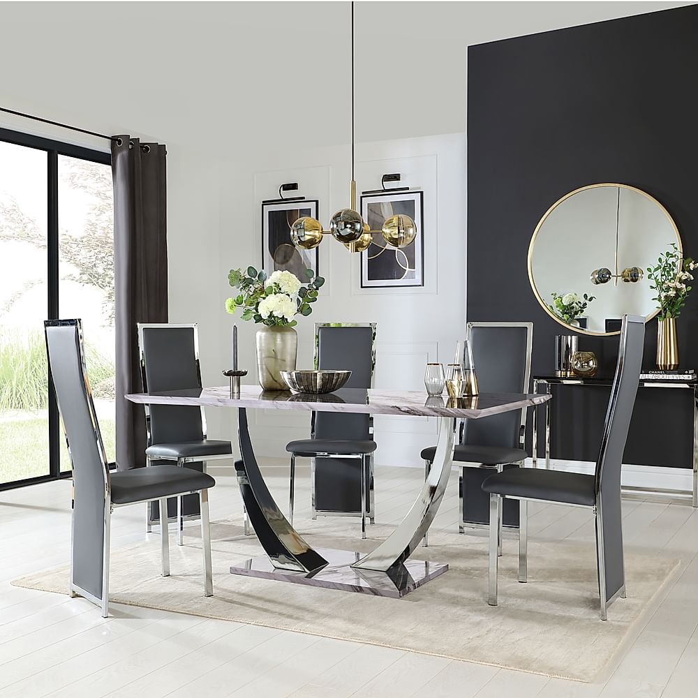Peake Dining Table & 4 Celeste Chairs, Grey Marble Effect & Chrome, Grey Classic Faux Leather, 160cm