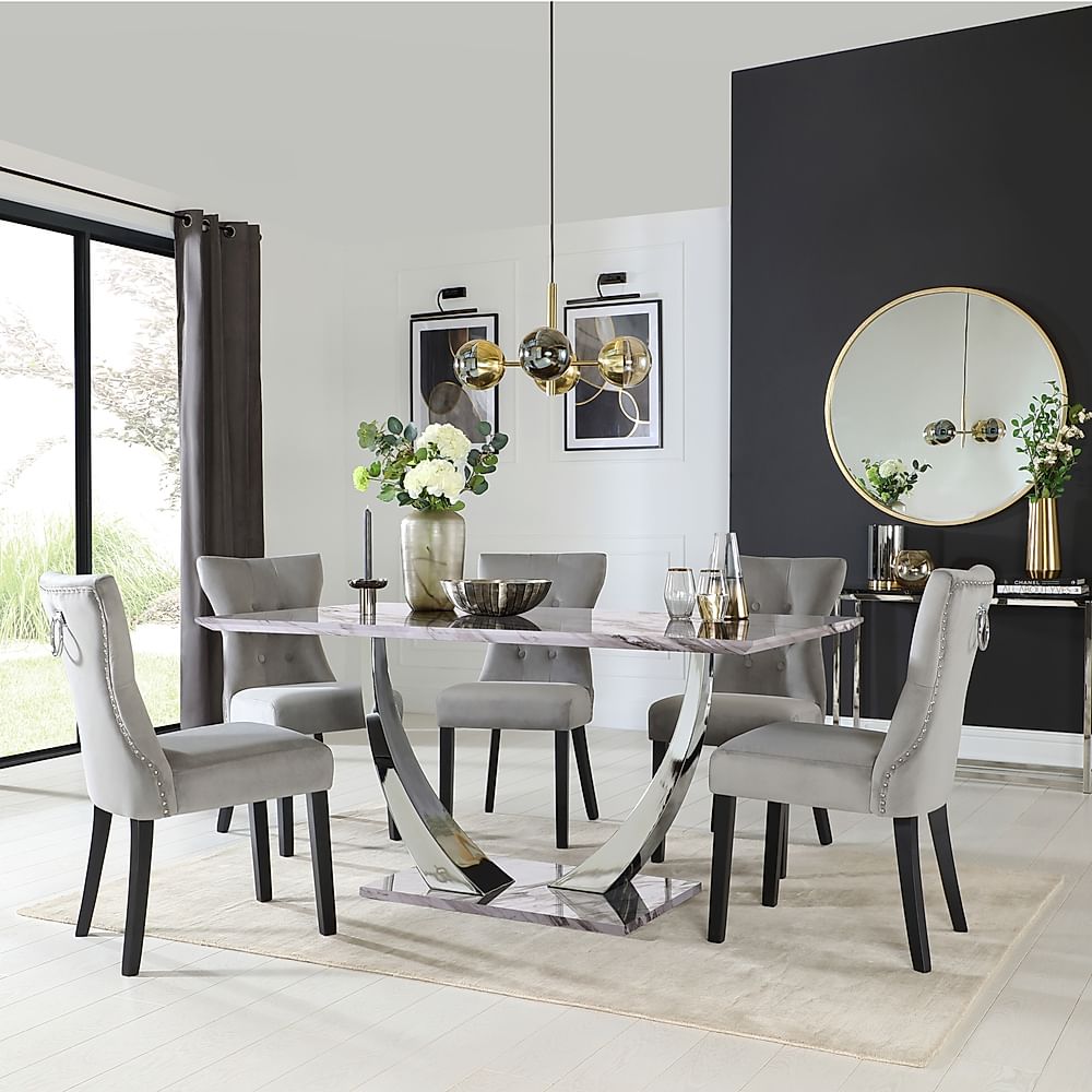 Peake Dining Table & 4 Kensington Chairs, Grey Marble Effect & Chrome, Grey Classic Velvet & Black Solid Hardwood, 160cm