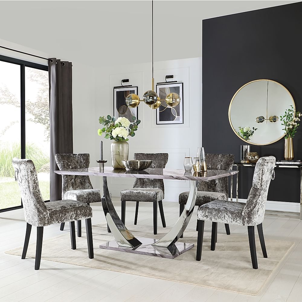 Peake Dining Table & 4 Kensington Chairs, Grey Marble Effect & Chrome, Silver Crushed Velvet & Black Solid Hardwood, 160cm