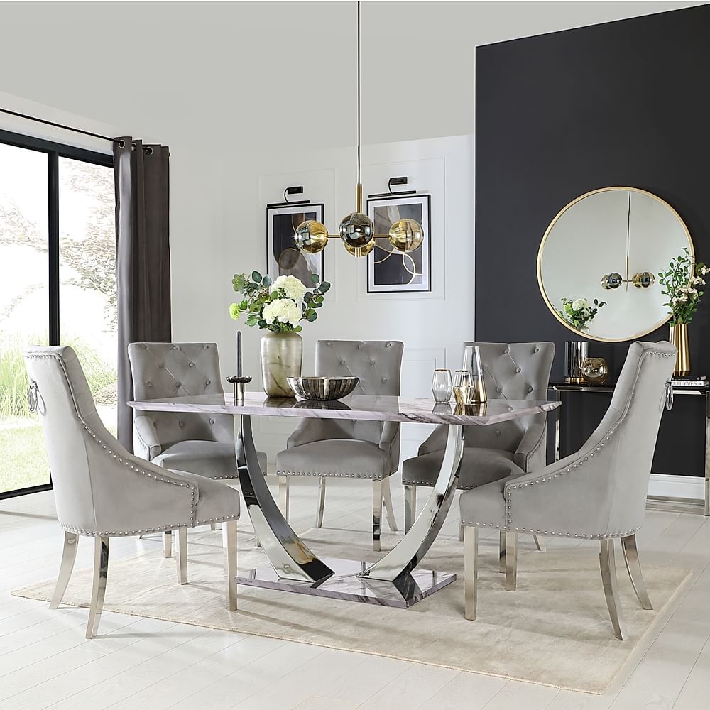 Peake Dining Table & 6 Imperial Chairs, Grey Marble Effect & Chrome, Grey Classic Velvet, 160cm