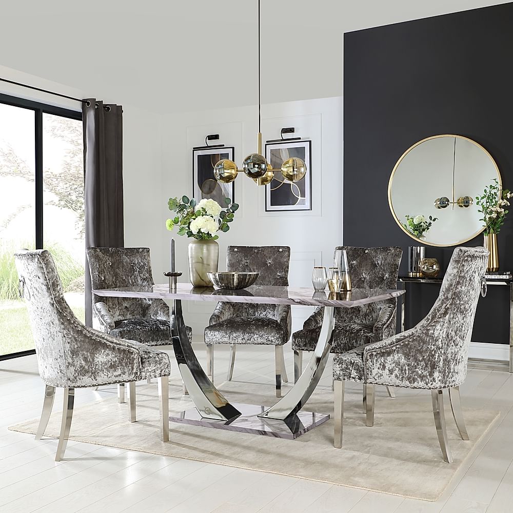 Peake Dining Table & 4 Imperial Chairs, Grey Marble Effect & Chrome, Silver Crushed Velvet, 160cm