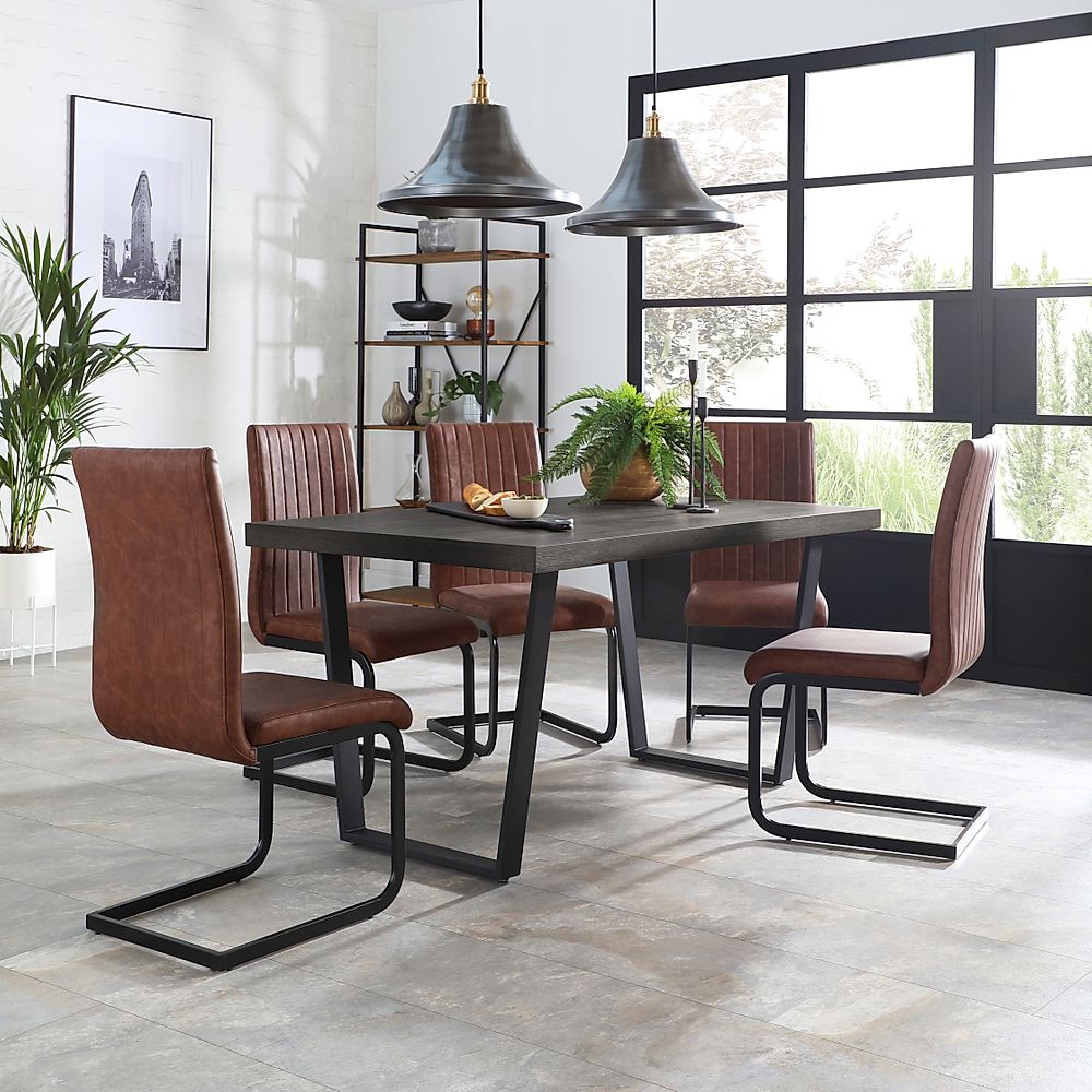 Addison Industrial Dining Table & 4 Perth Chairs, Grey Oak Veneer & Black Steel, Tan Classic Faux Leather, 200cm