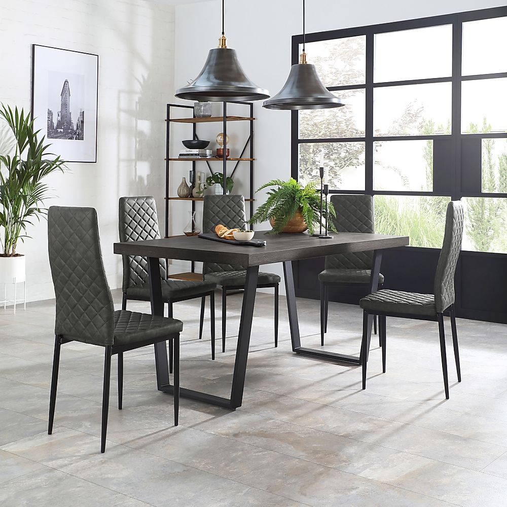 Addison Industrial Dining Table & 8 Renzo Chairs, Grey Oak Veneer & Black Steel, Vintage Grey Classic Faux Leather, 200cm