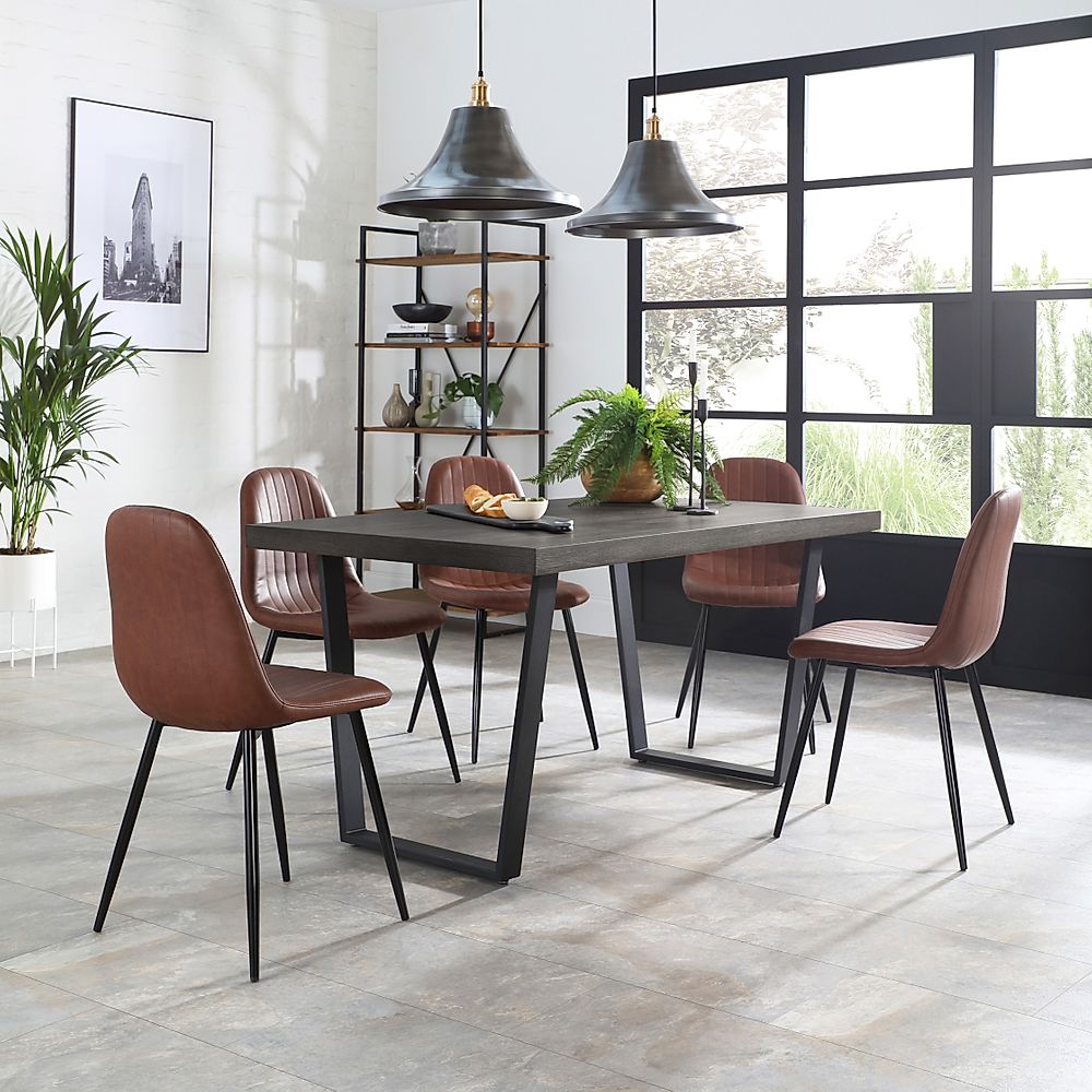 Addison Dining Table & 4 Brooklyn Chairs, Grey Oak Veneer & Black Steel, Tan Classic Faux Leather, 200cm