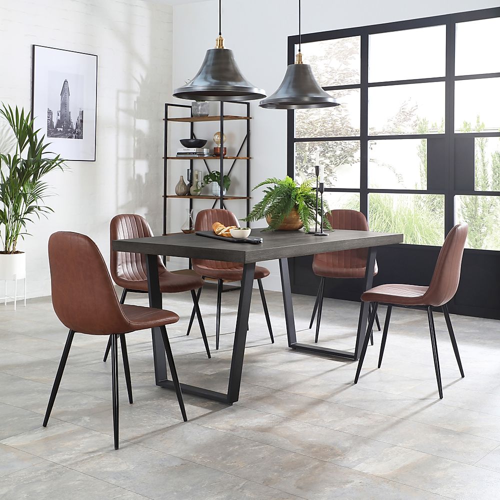 Addison Industrial Dining Table & 8 Brooklyn Chairs, Grey Oak Veneer & Black Steel, Tan Classic Faux Leather, 200cm