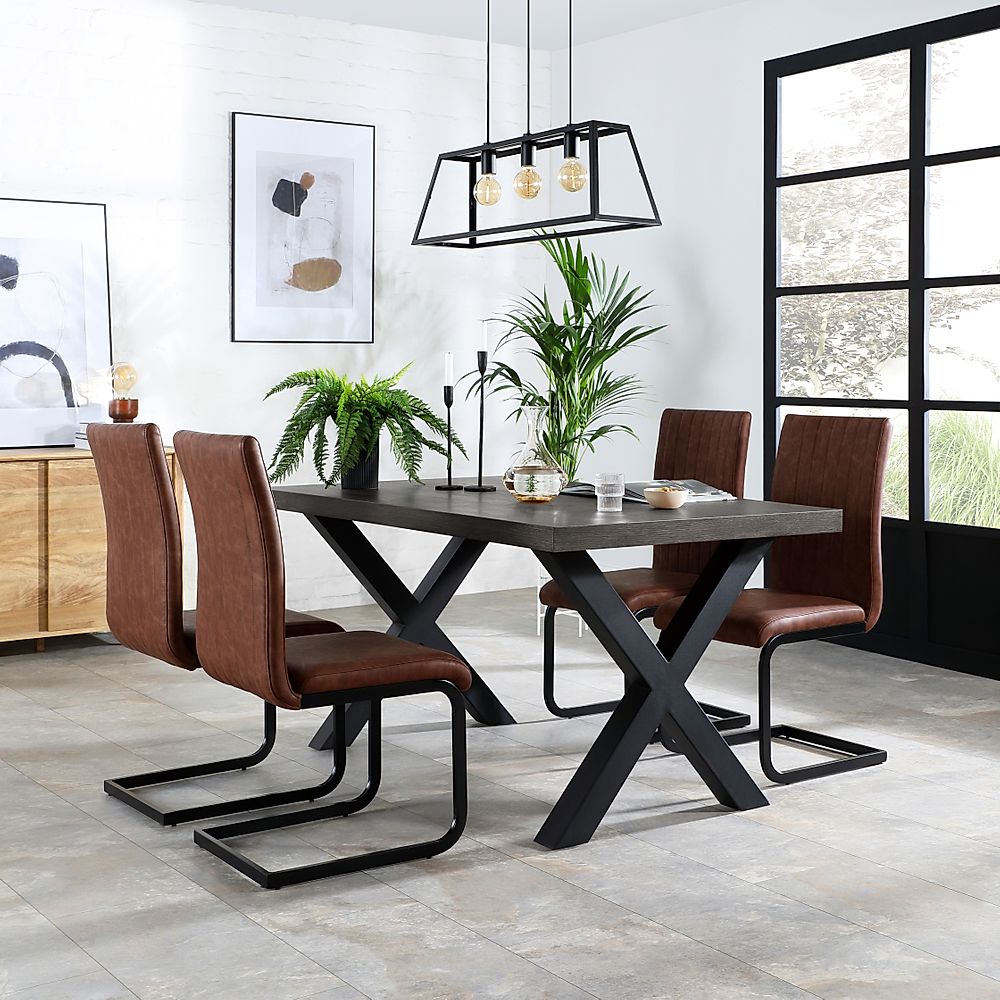 Franklin Industrial Dining Table & 6 Perth Chairs, Grey Oak Veneer & Black Steel, Tan Classic Faux Leather, 200cm