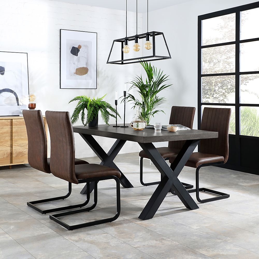 Franklin Industrial Dining Table & 4 Perth Chairs, Grey Oak Veneer & Black Steel, Vintage Brown Classic Faux Leather, 200cm