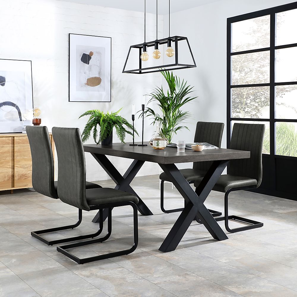 Franklin Industrial Dining Table & 6 Perth Chairs, Grey Oak Veneer & Black Steel, Vintage Grey Classic Faux Leather, 200cm