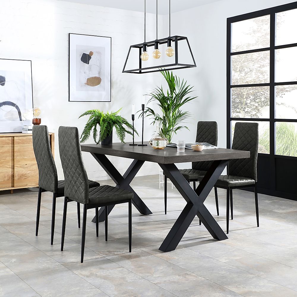 Franklin Dining Table & 6 Renzo Chairs, Grey Oak Veneer & Black Steel, Vintage Grey Classic Faux Leather, 200cm