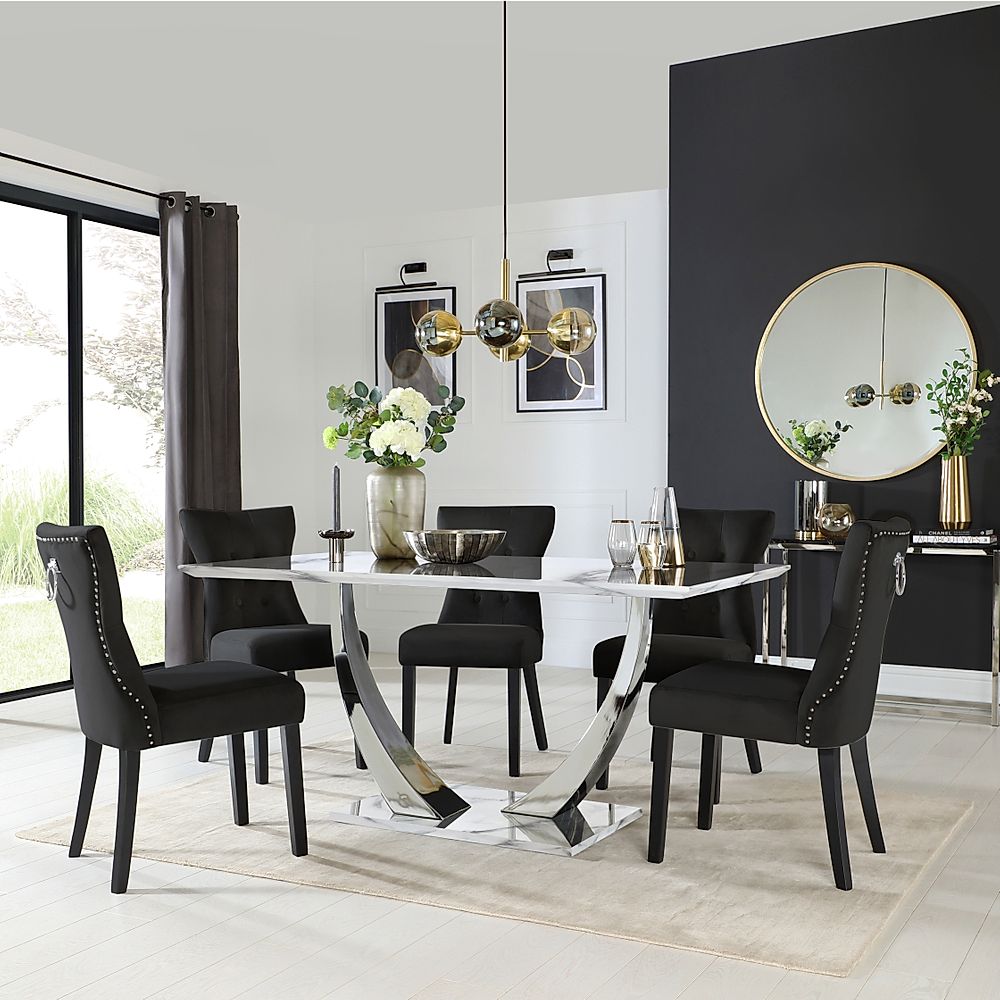 Peake Dining Table & 4 Kensington Chairs, White Marble Effect & Chrome, Black Classic Velvet & Black Solid Hardwood, 160cm