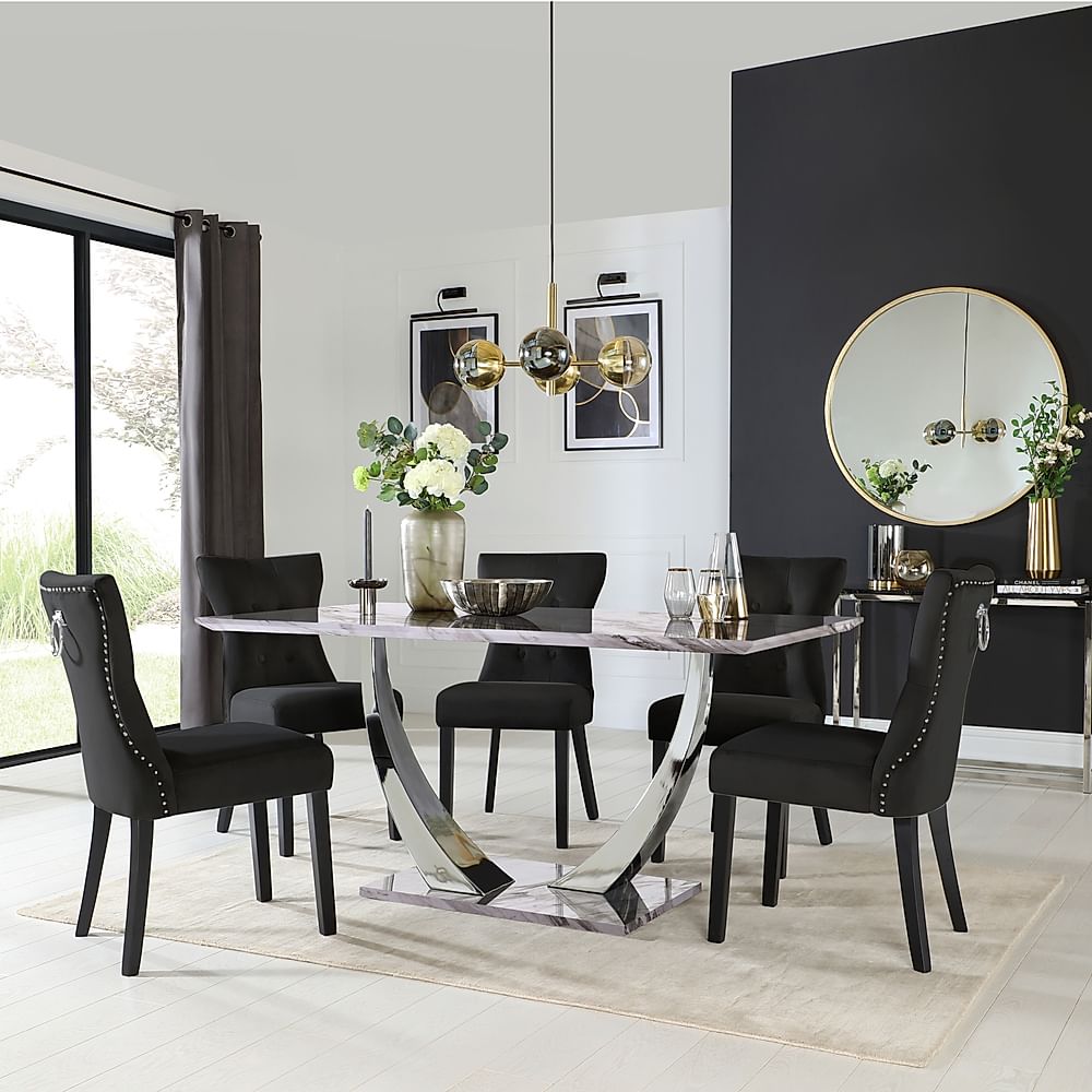 Peake Dining Table & 4 Kensington Chairs, Grey Marble Effect & Chrome, Black Classic Velvet & Black Solid Hardwood, 160cm