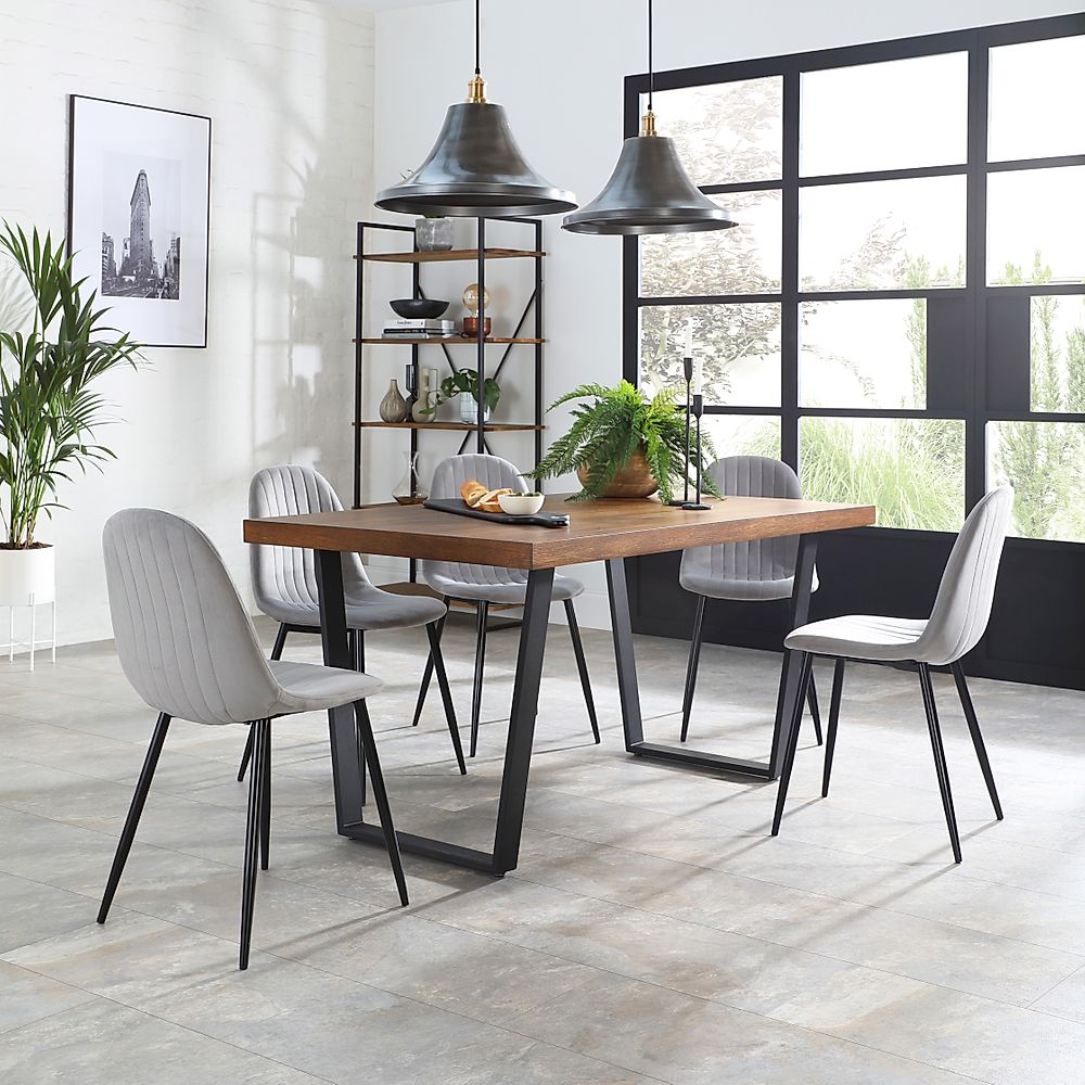 Addison Industrial Dining Table & 4 Brooklyn Chairs, Dark Oak Veneer & Black Steel, Grey Classic Velvet, 200cm