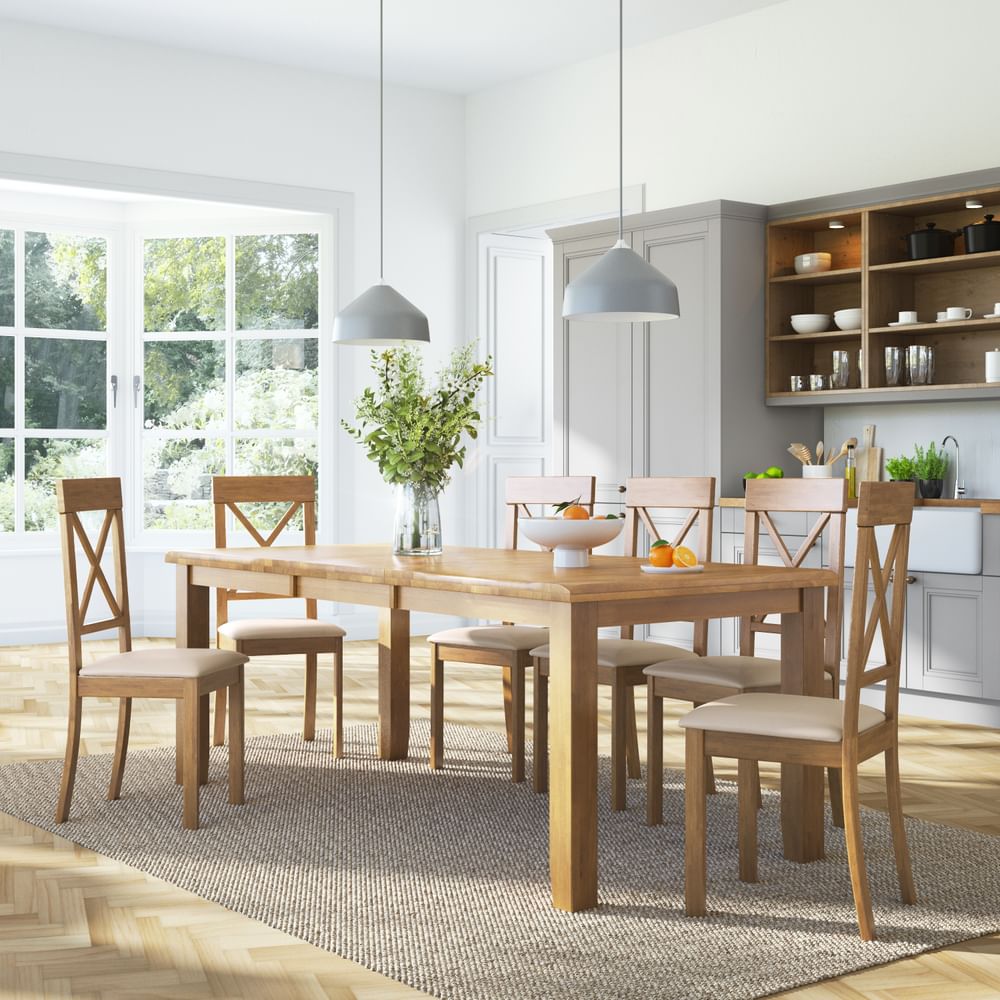 Highbury Extending Dining Table & 4 Kendal Chairs, Natural Oak Finished Solid Hardwood, Ivory Classic Faux Leather, 150-200cm