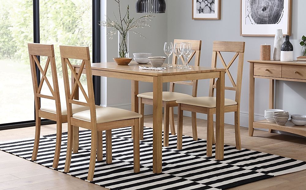 Milton Dining Table & 4 Kendal Chairs, Natural Oak Finished Solid Hardwood, Ivory Classic Faux Leather, 120cm