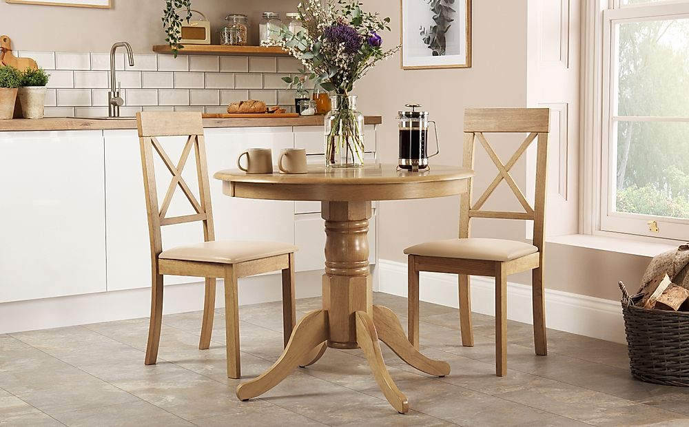 Kingston Round Dining Table & 2 Kendal Chairs, Natural Oak Finished Solid Hardwood, Ivory Classic Faux Leather, 90cm