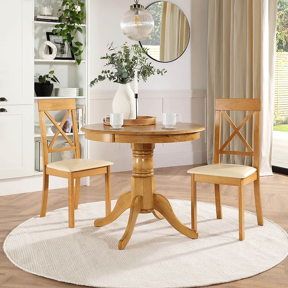 Kingston Round Dining Table & 2 Kendal Chairs, Natural Oak Finished Solid Hardwood, Ivory Classic Faux Leather, 90cm