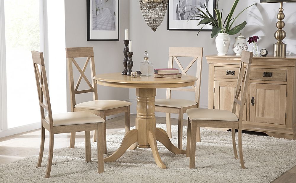 Kingston Round Dining Table & 4 Kendal Chairs, Natural Oak Finished Solid Hardwood, Ivory Classic Faux Leather, 90cm