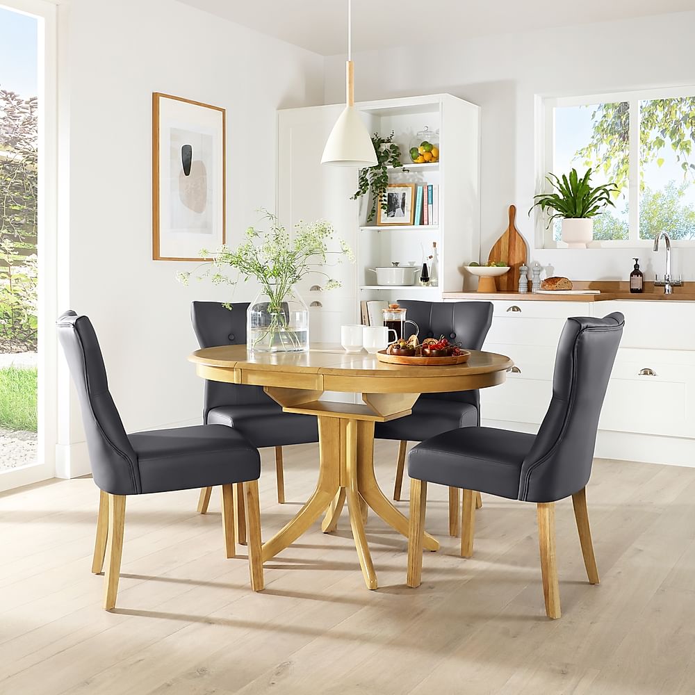 Hudson Round Extending Dining Table & 4 Bewley Chairs, Natural Oak Finished Solid Hardwood, Grey Classic Faux Leather, 90-120cm