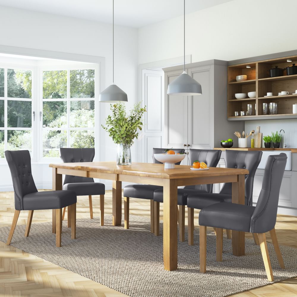 Highbury Extending Dining Table & 4 Bewley Chairs, Natural Oak Finished Solid Hardwood, Grey Classic Faux Leather, 150-200cm