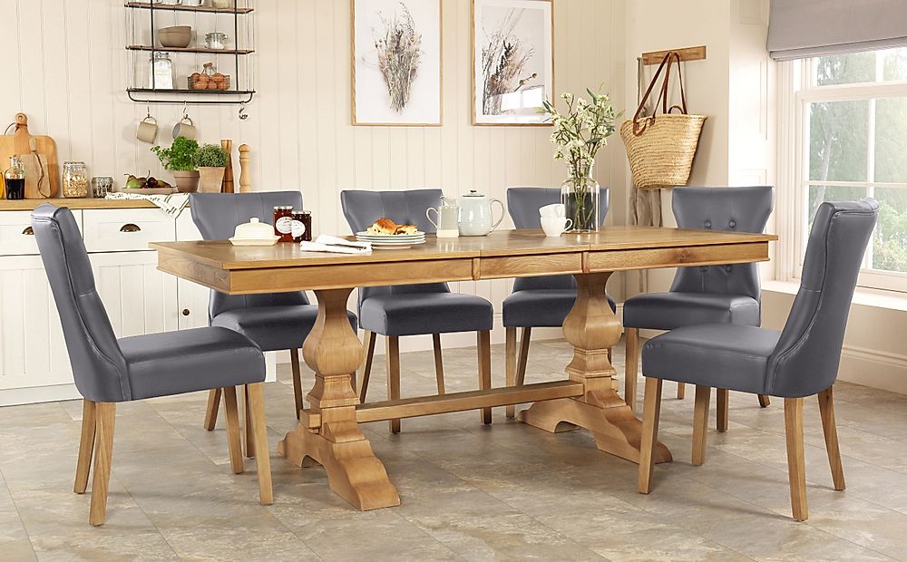 Cavendish Extending Dining Table & 4 Bewley Chairs, Natural Oak Veneer & Solid Hardwood, Grey Classic Faux Leather & Natural Oak Finished Solid Hardwood, 160-200cm