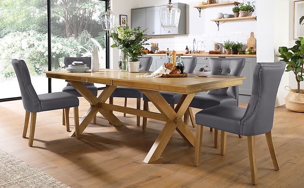 Grange Extending Dining Table & 4 Bewley Chairs, Natural Oak Veneer & Solid Hardwood, Grey Classic Faux Leather & Natural Oak Finished Solid Hardwood, 180-220cm