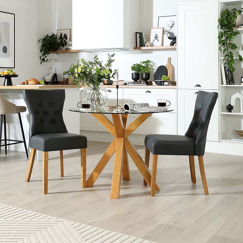 Hatton Round Dining Table & 2 Bewley Chairs, Glass & Natural Oak Finished Solid Hardwood, Grey Classic Faux Leather, 100cm