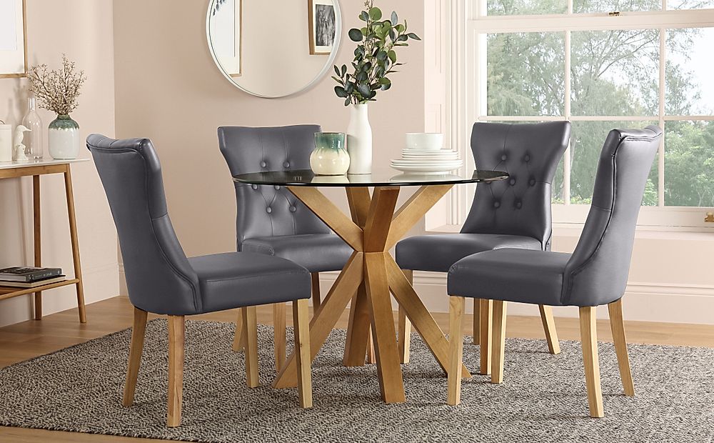 Hatton Round Dining Table & 4 Bewley Chairs, Glass & Natural Oak Finished Solid Hardwood, Grey Classic Faux Leather, 100cm