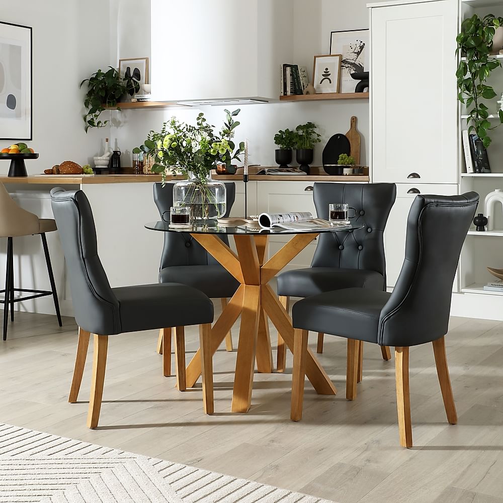 Hatton Round Dining Table & 4 Bewley Chairs, Glass & Natural Oak Finished Solid Hardwood, Grey Classic Faux Leather, 100cm