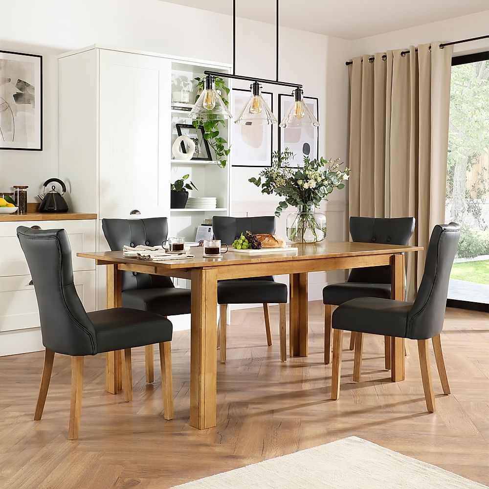 Bali Extending Dining Table & 4 Bewley Chairs, Natural Oak Finished Solid Hardwood, Grey Classic Faux Leather, 150-180cm