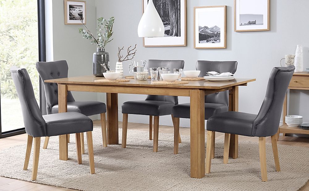 Bali Extending Dining Table & 6 Bewley Chairs, Natural Oak Finished Solid Hardwood, Grey Classic Faux Leather, 150-180cm
