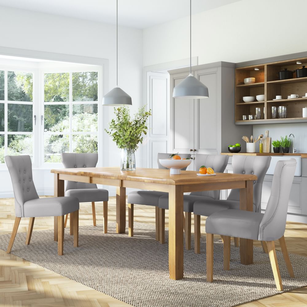 Highbury Extending Dining Table & 6 Bewley Chairs, Natural Oak Finished Solid Hardwood, Light Grey Classic Faux Leather, 150-200cm