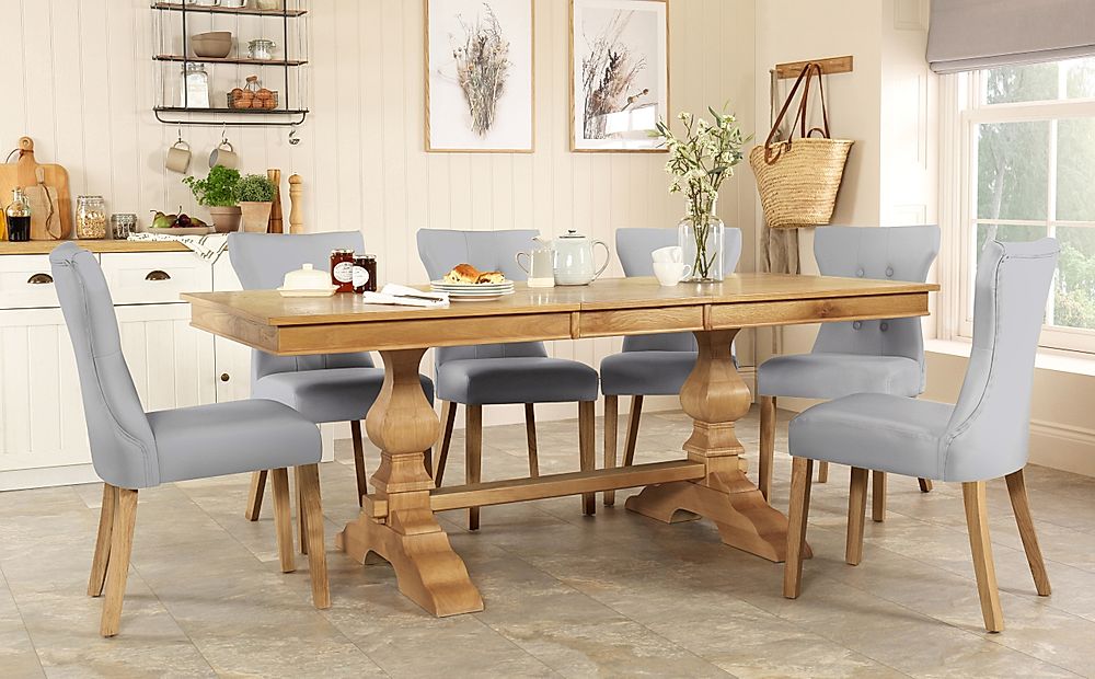 Cavendish Extending Dining Table & 8 Bewley Chairs, Natural Oak Veneer & Solid Hardwood, Light Grey Classic Faux Leather & Natural Oak Finished Solid Hardwood, 160-200cm