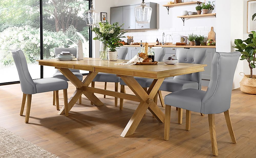 Grange Extending Dining Table & 6 Bewley Chairs, Natural Oak Veneer & Solid Hardwood, Light Grey Classic Faux Leather & Natural Oak Finished Solid Hardwood, 180-220cm