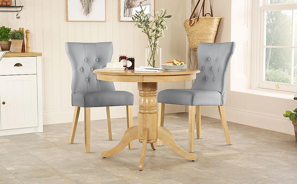 Kingston Round Dining Table & 2 Bewley Chairs, Natural Oak Finished Solid Hardwood, Light Grey Classic Faux Leather, 90cm