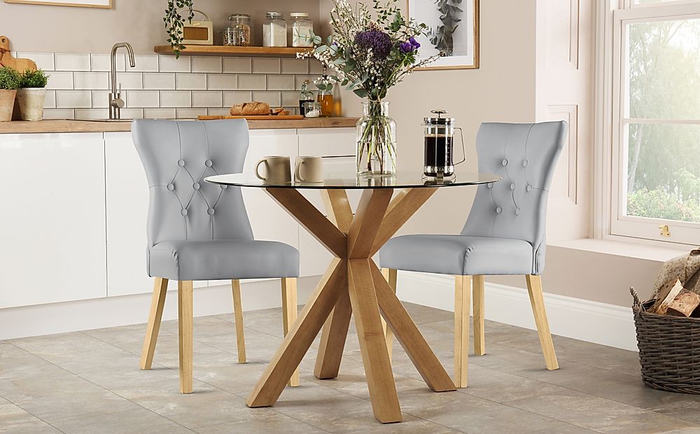 Hatton Round Dining Table & 4 Bewley Chairs, Glass & Natural Oak Finished Solid Hardwood, Light Grey Classic Faux Leather, 100cm
