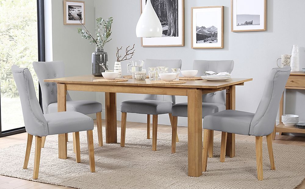 Bali Extending Dining Table & 6 Bewley Chairs, Natural Oak Finished Solid Hardwood, Light Grey Classic Faux Leather, 150-180cm