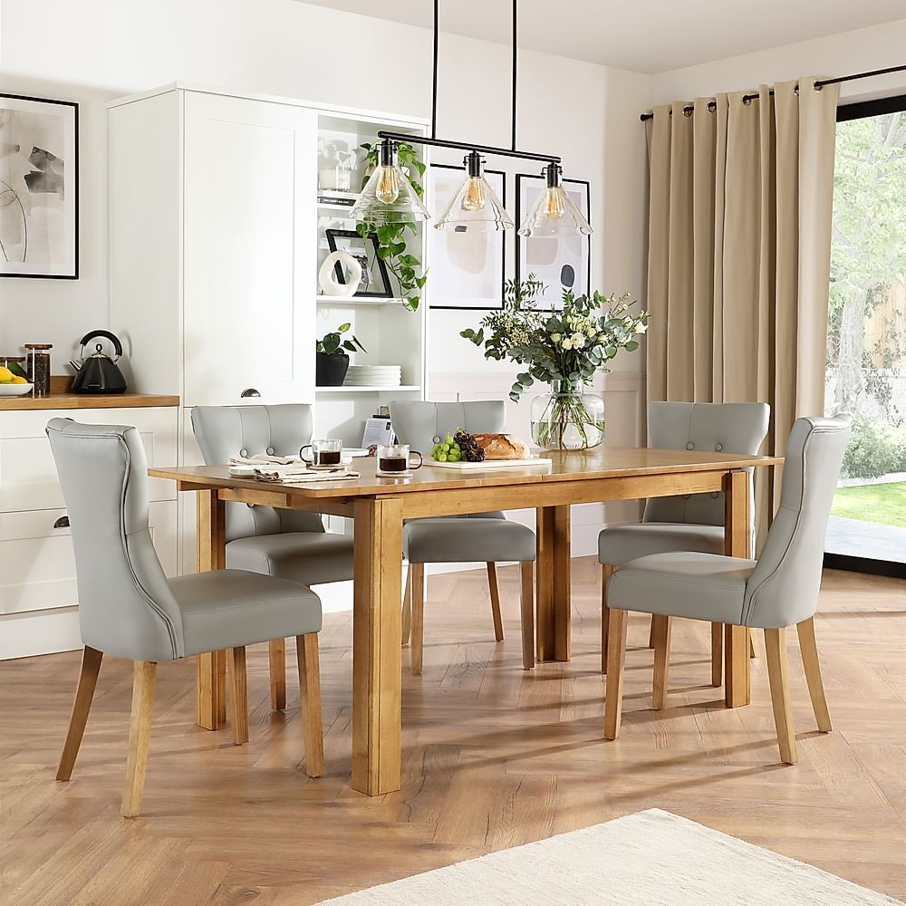 Bali Extending Dining Table & 6 Bewley Chairs, Natural Oak Finished Solid Hardwood, Light Grey Classic Faux Leather, 150-180cm