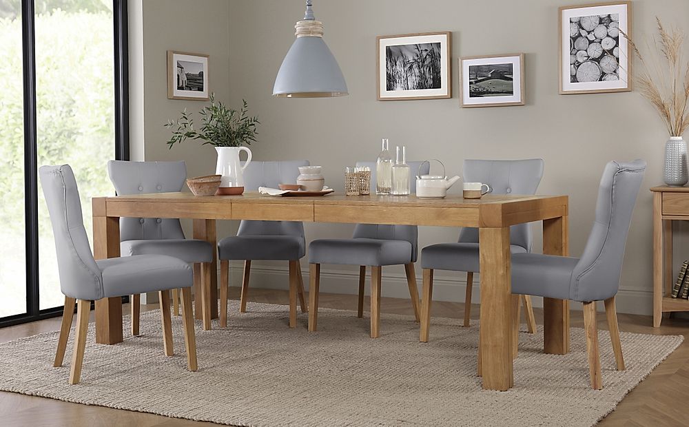 Cambridge Extending Dining Table & 4 Bewley Chairs, Natural Oak Veneer & Solid Hardwood, Light Grey Classic Faux Leather & Natural Oak Finished Solid Hardwood, 175-220cm