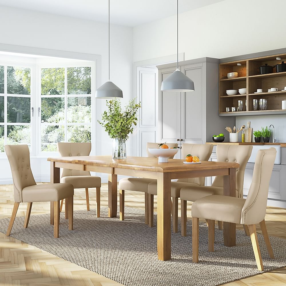 Highbury Extending Dining Table & 6 Bewley Chairs, Natural Oak Finished Solid Hardwood, Stone Grey Classic Faux Leather, 150-200cm