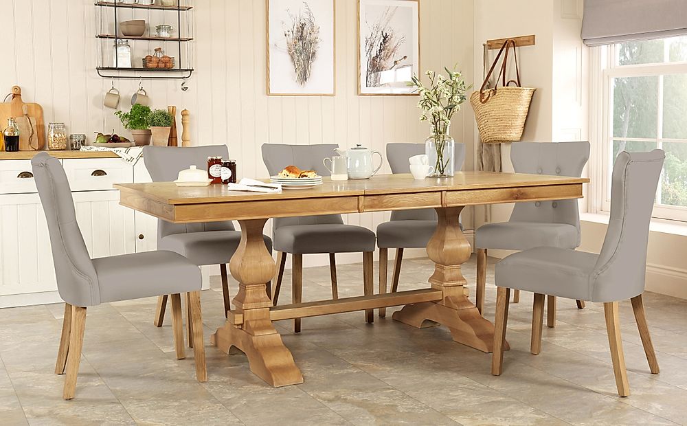 Cavendish Extending Dining Table & 4 Bewley Chairs, Natural Oak Veneer & Solid Hardwood, Stone Grey Classic Faux Leather & Natural Oak Finished Solid Hardwood, 160-200cm