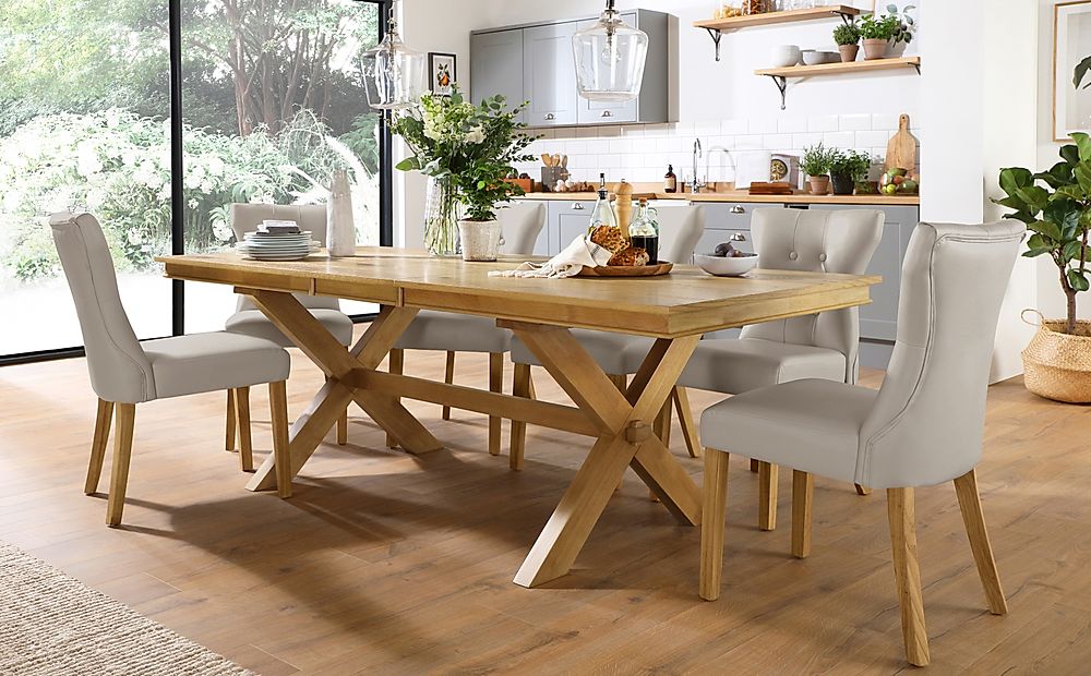 Grange Extending Dining Table & 4 Bewley Chairs, Natural Oak Veneer & Solid Hardwood, Stone Grey Classic Faux Leather & Natural Oak Finished Solid Hardwood, 180-220cm