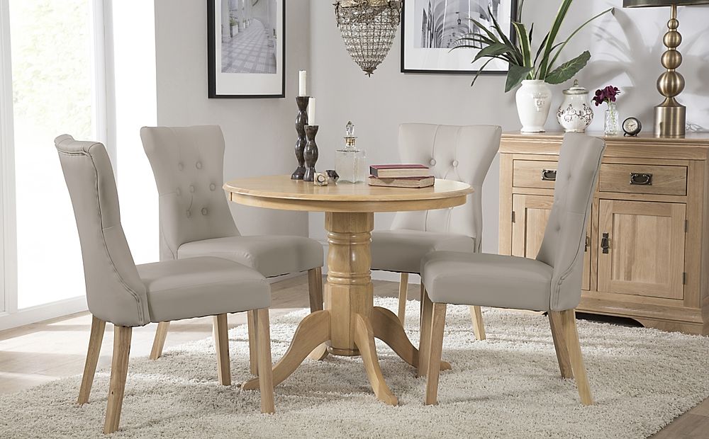 Kingston Round Dining Table & 4 Bewley Chairs, Natural Oak Finished Solid Hardwood, Stone Grey Classic Faux Leather, 90cm