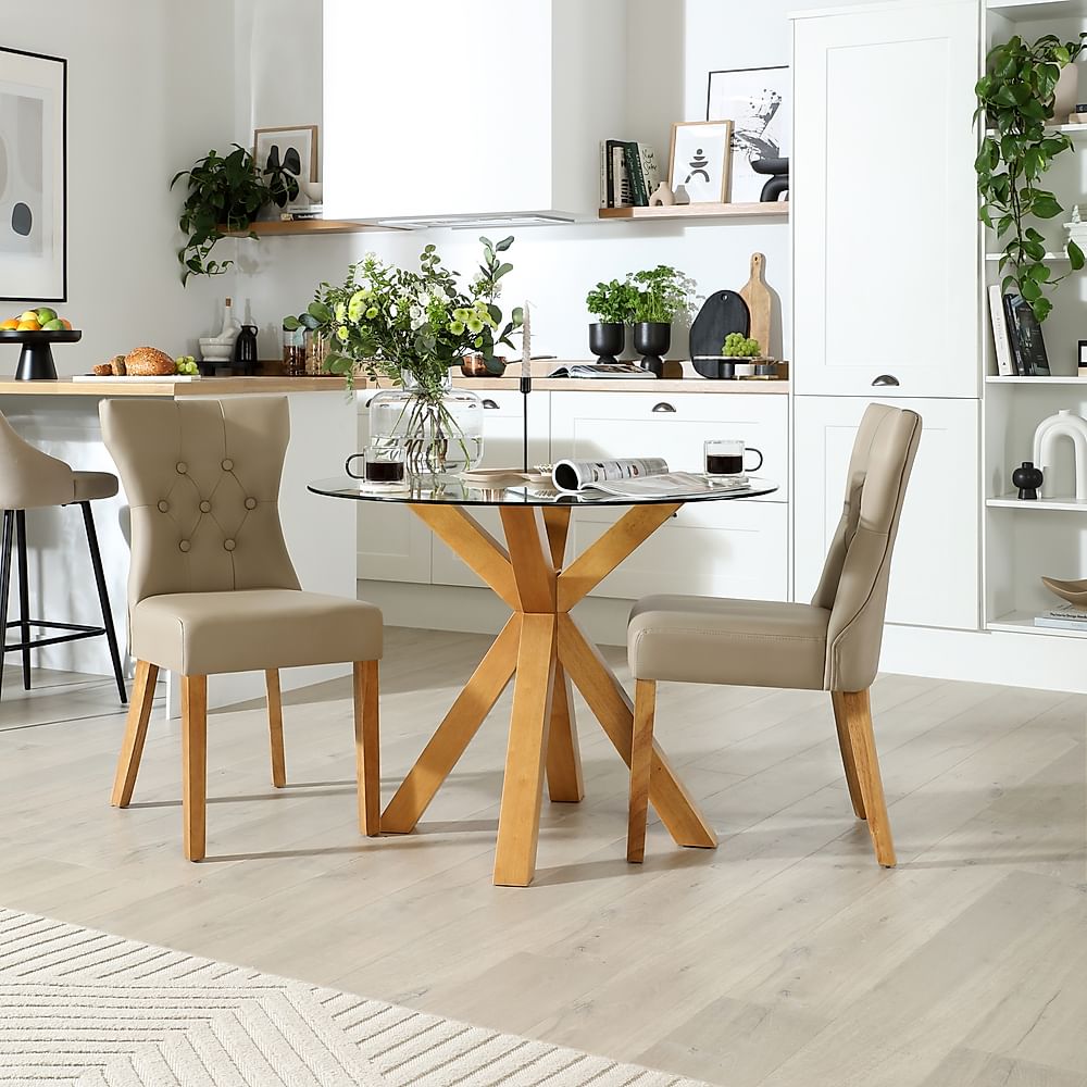 Hatton Round Dining Table & 2 Bewley Chairs, Glass & Natural Oak Finished Solid Hardwood, Stone Grey Classic Faux Leather, 100cm