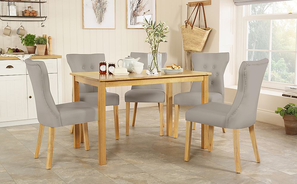 Milton Dining Table & 4 Bewley Chairs, Natural Oak Finished Solid Hardwood, Stone Grey Classic Faux Leather, 120cm