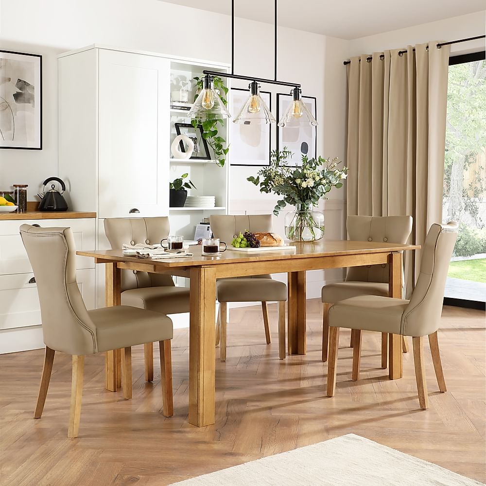 Bali Extending Dining Table & 4 Bewley Chairs, Natural Oak Finished Solid Hardwood, Stone Grey Classic Faux Leather, 150-180cm