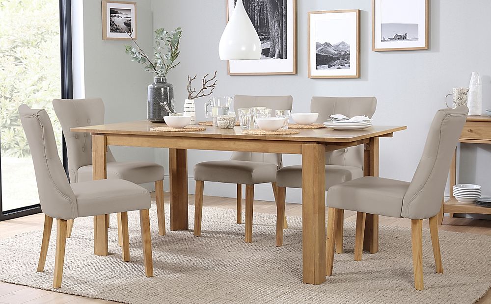 Bali Extending Dining Table & 6 Bewley Chairs, Natural Oak Finished Solid Hardwood, Stone Grey Classic Faux Leather, 150-180cm