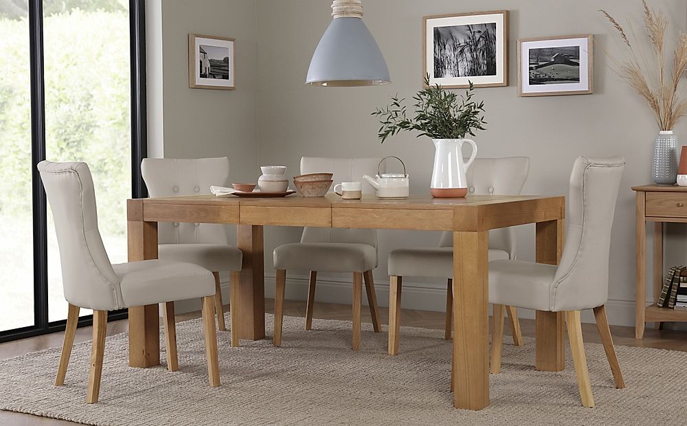 Cambridge Extending Dining Table & 6 Bewley Chairs, Natural Oak Veneer & Solid Hardwood, Stone Grey Classic Faux Leather & Natural Oak Finished Solid Hardwood, 125-170cm