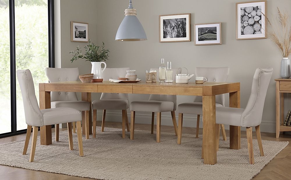 Cambridge Extending Dining Table & 6 Bewley Chairs, Natural Oak Veneer & Solid Hardwood, Stone Grey Classic Faux Leather & Natural Oak Finished Solid Hardwood, 175-220cm